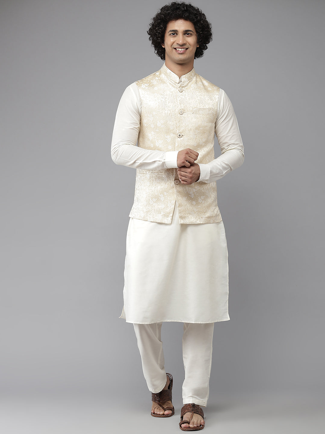 Riwaat.com Men White Solid Kurta Pajama With Golden Petal Nehru jacket Riwaat Indo Western