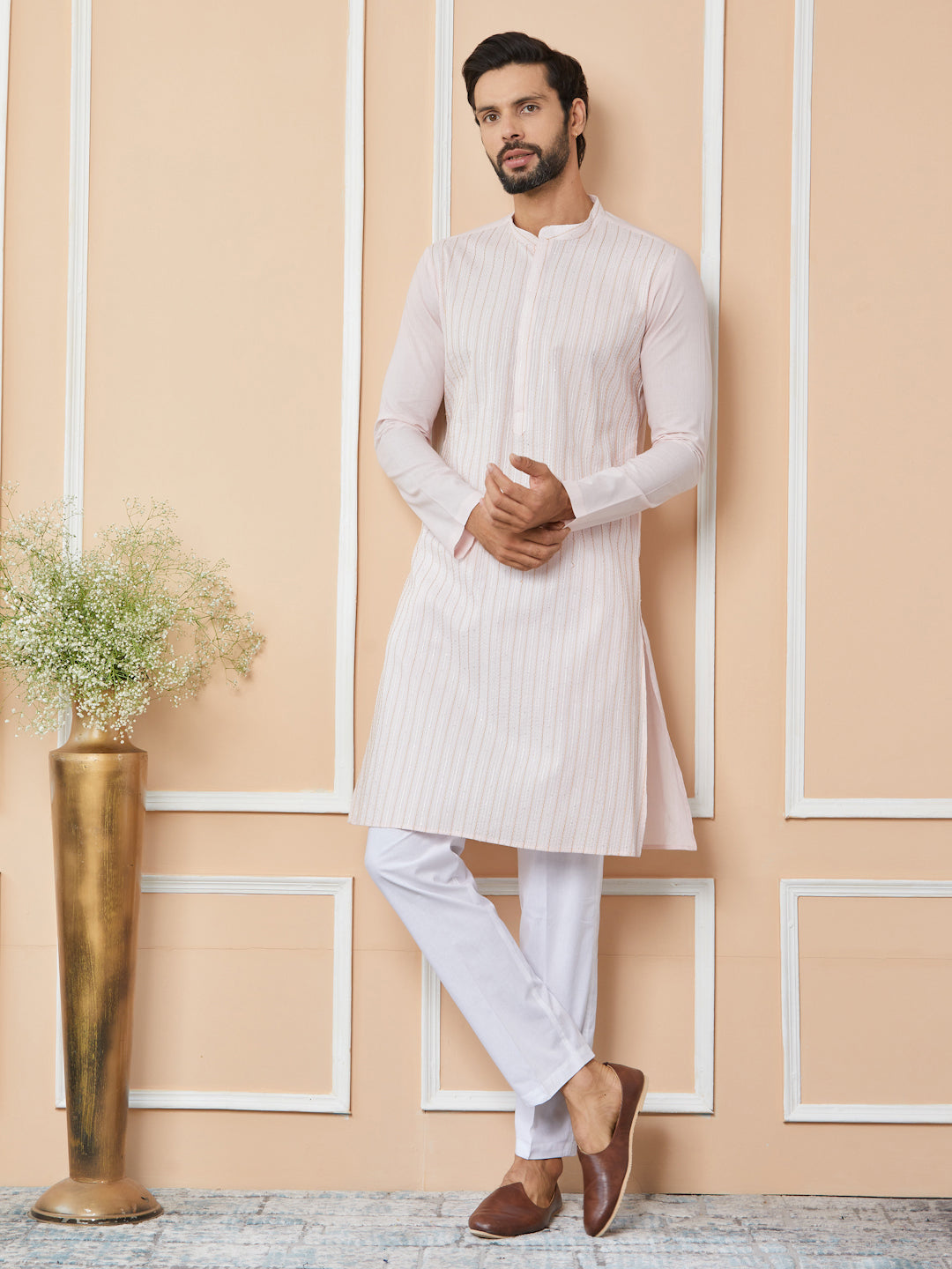 Light Pink Thread & Sequins Worked Pure Cotton Straight Kurta with Pyjama