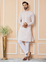 Light Pink Thread & Sequins Worked Pure Cotton Straight Kurta with Pyjama