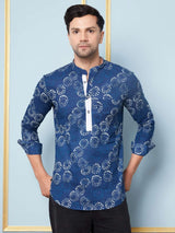 Men Blue & White Midnight Bloom Printed Cotton Short Kurta