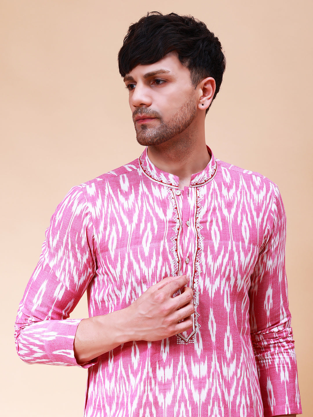 Riwaat.com Men Pink & White Embroidery Cotton Kurta Riwaat Embroidered