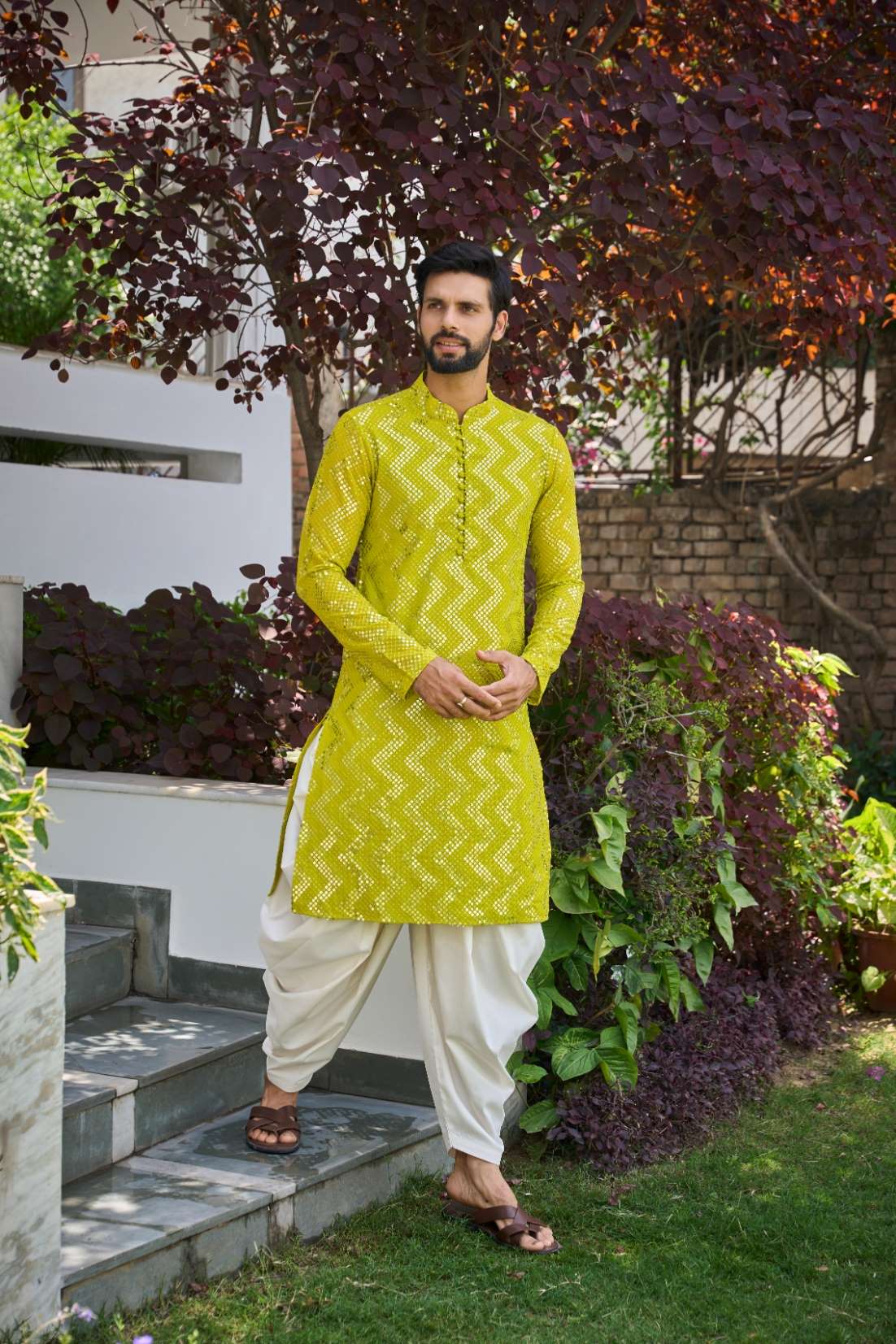 Men Lime Green Sequins Woven Designs Kurta