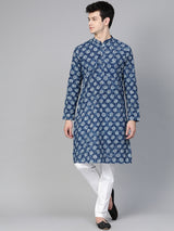 Riwaat.com Men Blue Indigo Hand Block Print Straight Sustainable Kurta Riwaat Printed