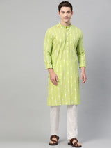 Riwaat.com Men Lime Green & White Printed Straight Kurta Riwaat Bundi Mehendi Printed