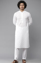 Men White Regal Patterned Chikankari Embroidered Straight Kurta