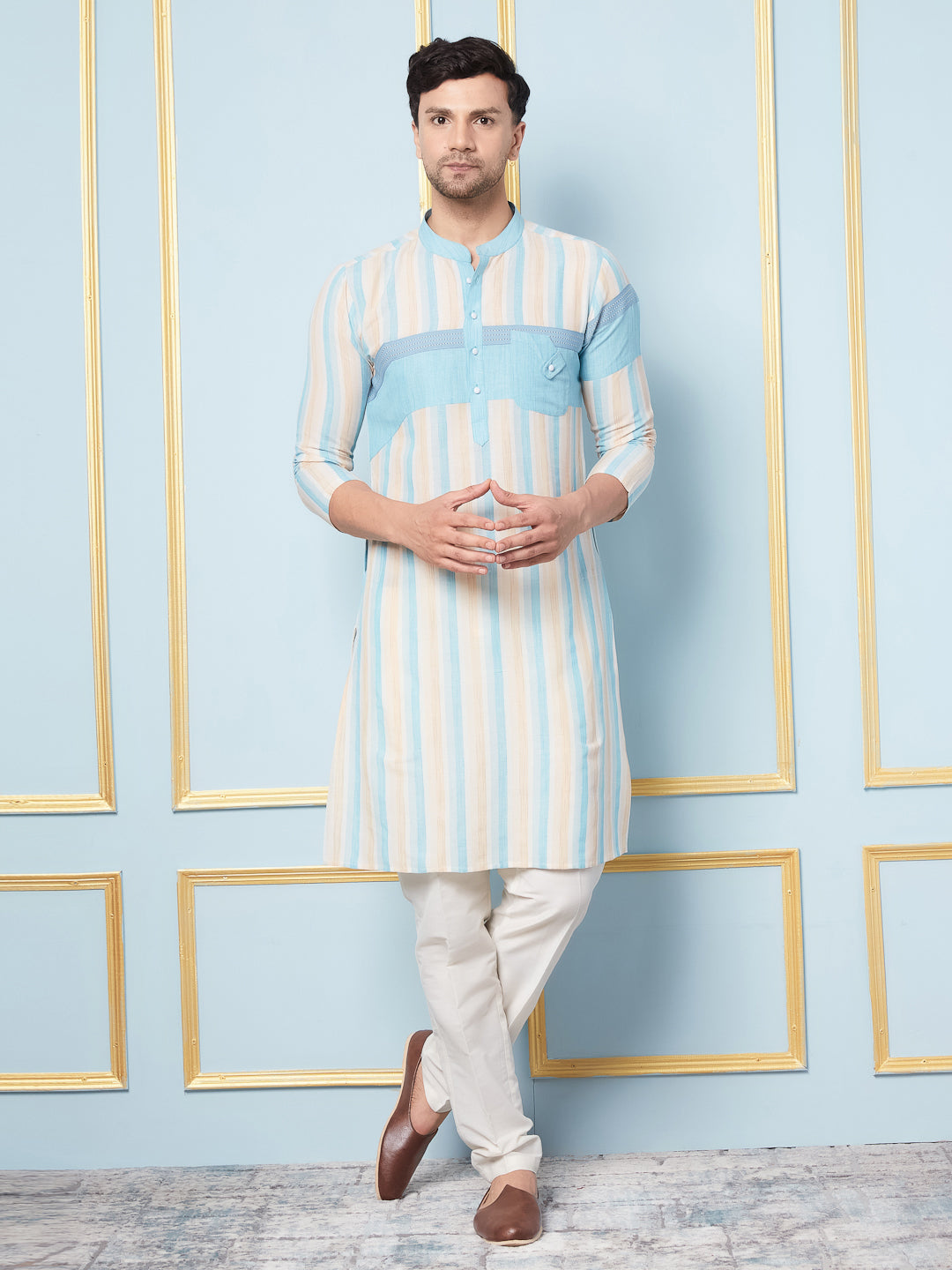 Men Off White and Turquoise Weaving Design Kurta With pyjama