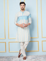 Men Off White and Turquoise Weaving Design Kurta With pyjama