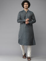 Men Green & Gold-Toned Cross Woven Design Kurta