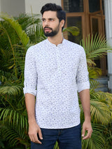 White Geometric Printed Rayon Short Kurta