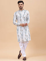 Men White & Blue Pure Cotton Printed Straight Kurta With Pajama