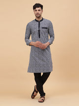 Men Black & White Pure Cotton Thread Work Straight Kurta With pyjama