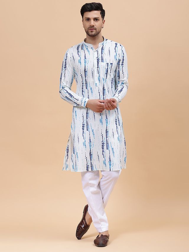 Men White & Blue Pure Cotton Printed Straight Kurta With pyjama