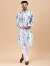 Men White & Blue Pure Cotton Printed Straight Kurta With pyjama