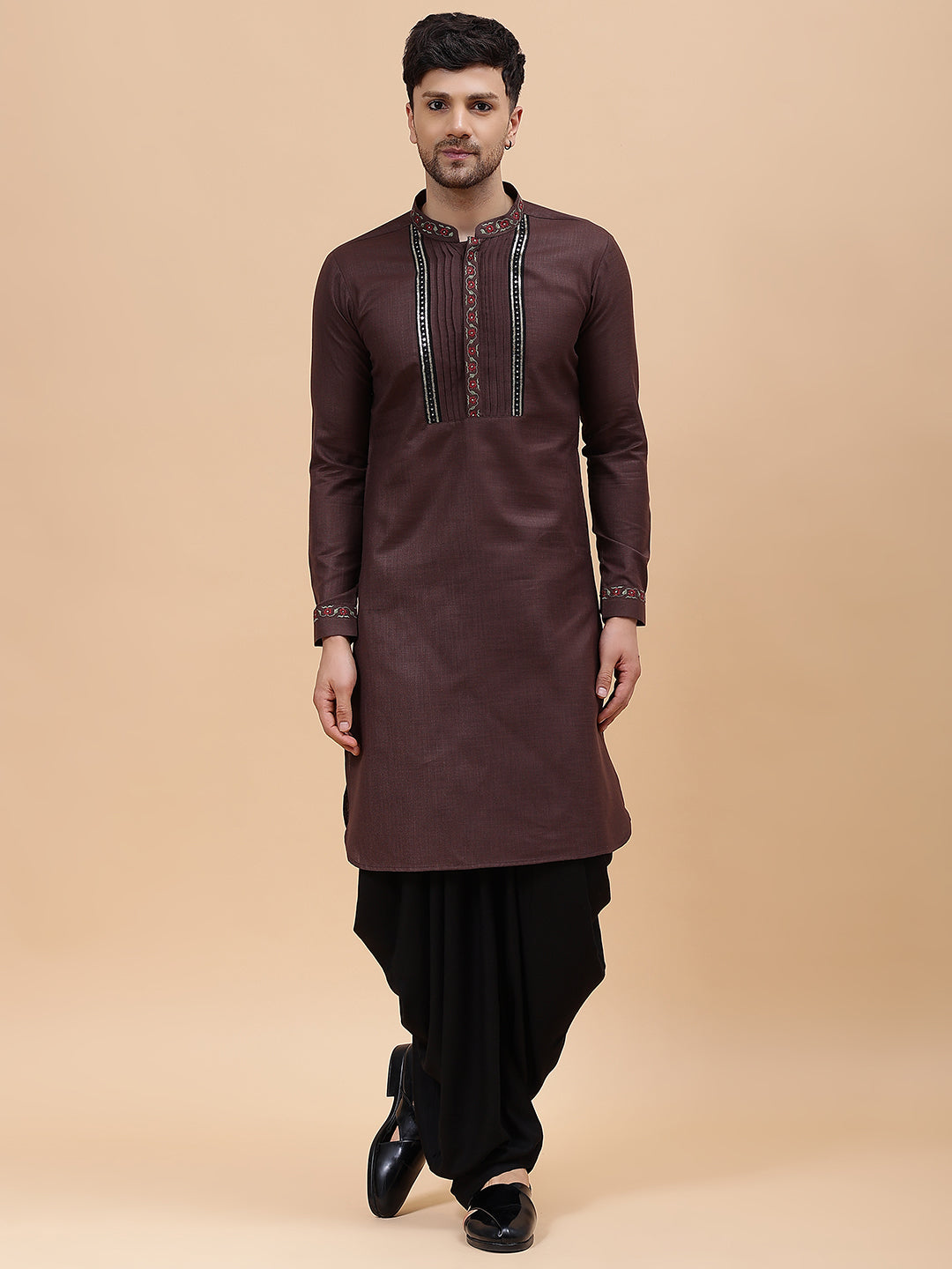 Men Coffee Zari Work Silk Woven Design Straight Kurta With pyjama