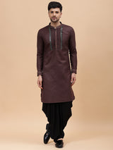 Men Coffee Zari Work Silk Woven Design Straight Kurta With pyjama