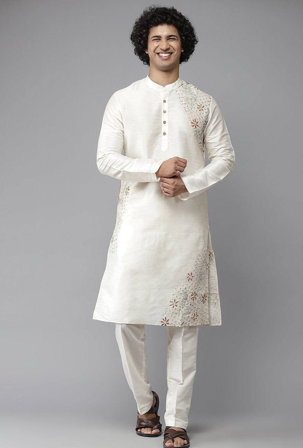 Men Off-White Cotton Silk Block Print Straight Kurta