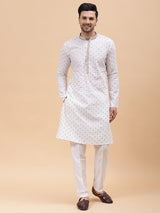 Men Off White & Multi Color Pure Cotton Embroidered Straight Kurta With pyjama