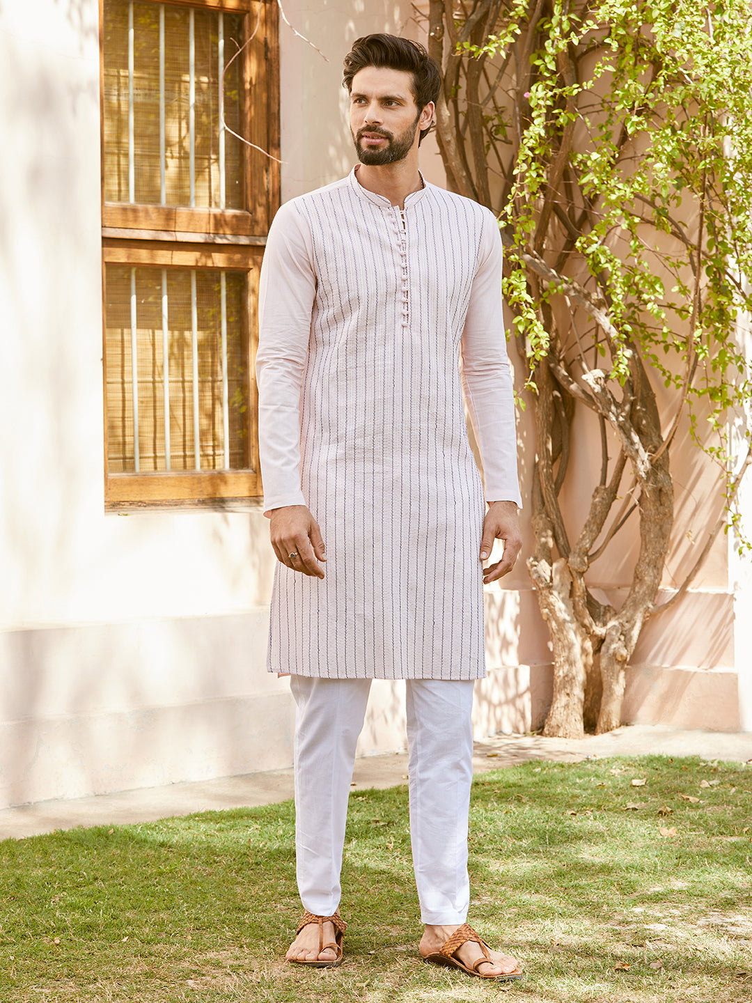 Men Soft Pink with Midnight Stripes Cotton Pintex Design Sequins Kurta