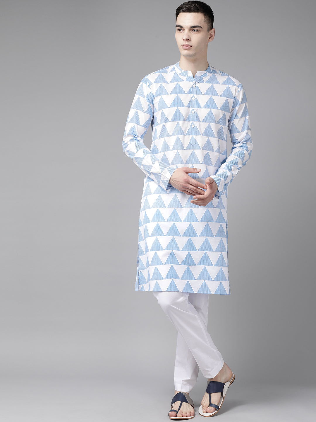 Riwaat.com Men White & Blue Stripe Printed Straight Kurta Riwaat Printed