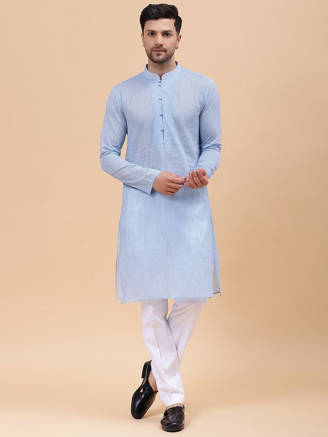 Men Sky Blue & White Pure Cotton Embroidered Straight Kurta With pyjama