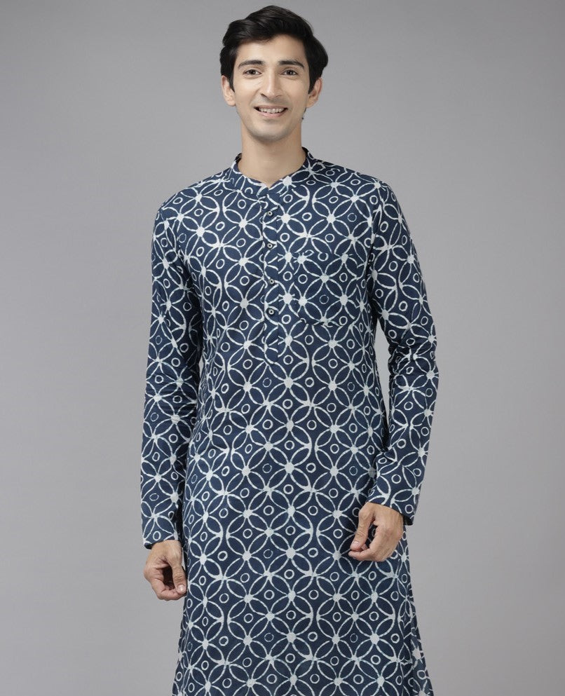 Men Blue Elegance Ethinica Printed Straight Kurta