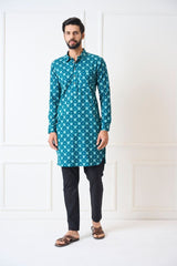 Men Teal Blue Regular Pure Cotton Pathani Kurta With Black Pyjama