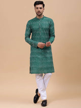 Men Green & White Pure Cotton Printed Straight Kurta With Pajama