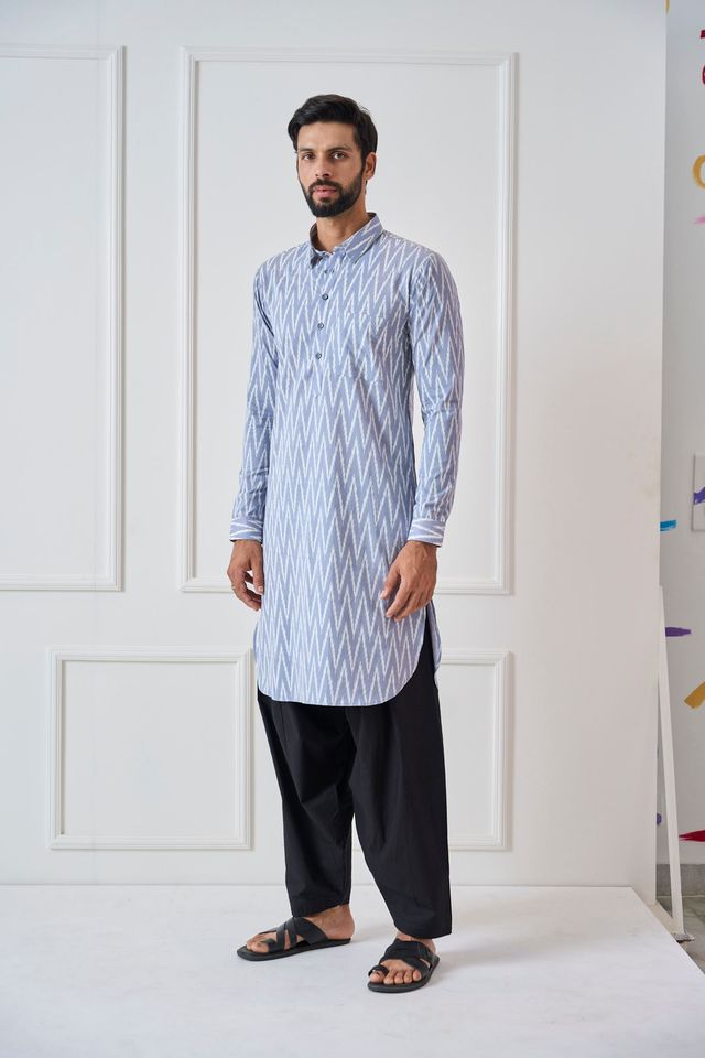 Men Light Grey Regular Pure Cotton Pathani Kurta With Black Salwar