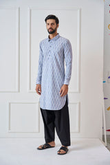 Men Light Grey Regular Pure Cotton Pathani Kurta With Black Salwar