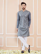 Men Grey And Gold Rayon Embroidery Sequins Kurta With Pajama