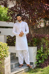 Men White Chikankari Embroidered Straight Kurta With White Salwar