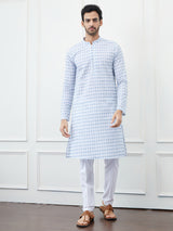 Men White And Light Blue Chikankari Embroidered Cotton Kurta Set