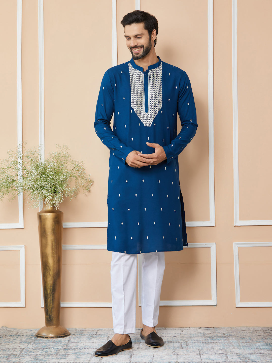 Royal Blue Sequins Embroidered Rayon Straight Kurta with Yoke Design and Pyjama