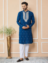 Royal Blue Sequins Embroidered Rayon Straight Kurta with Yoke Design and Pyjama