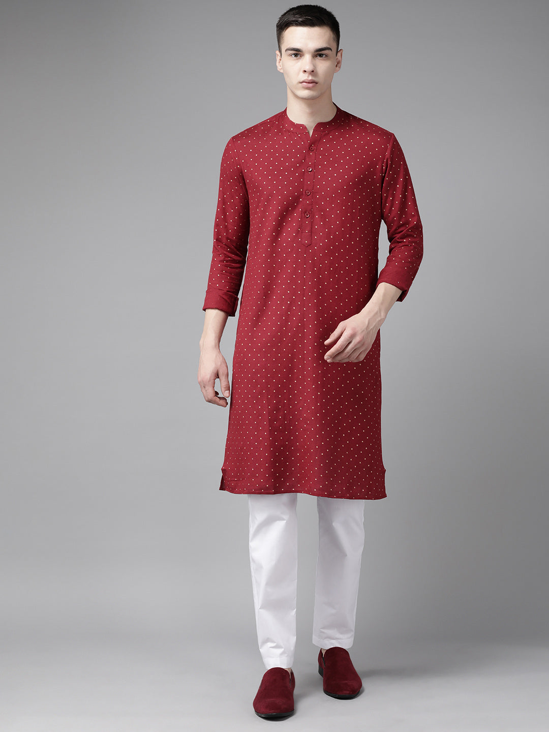 Men Maroon & Gold Printed Straight Kurta With Pajama