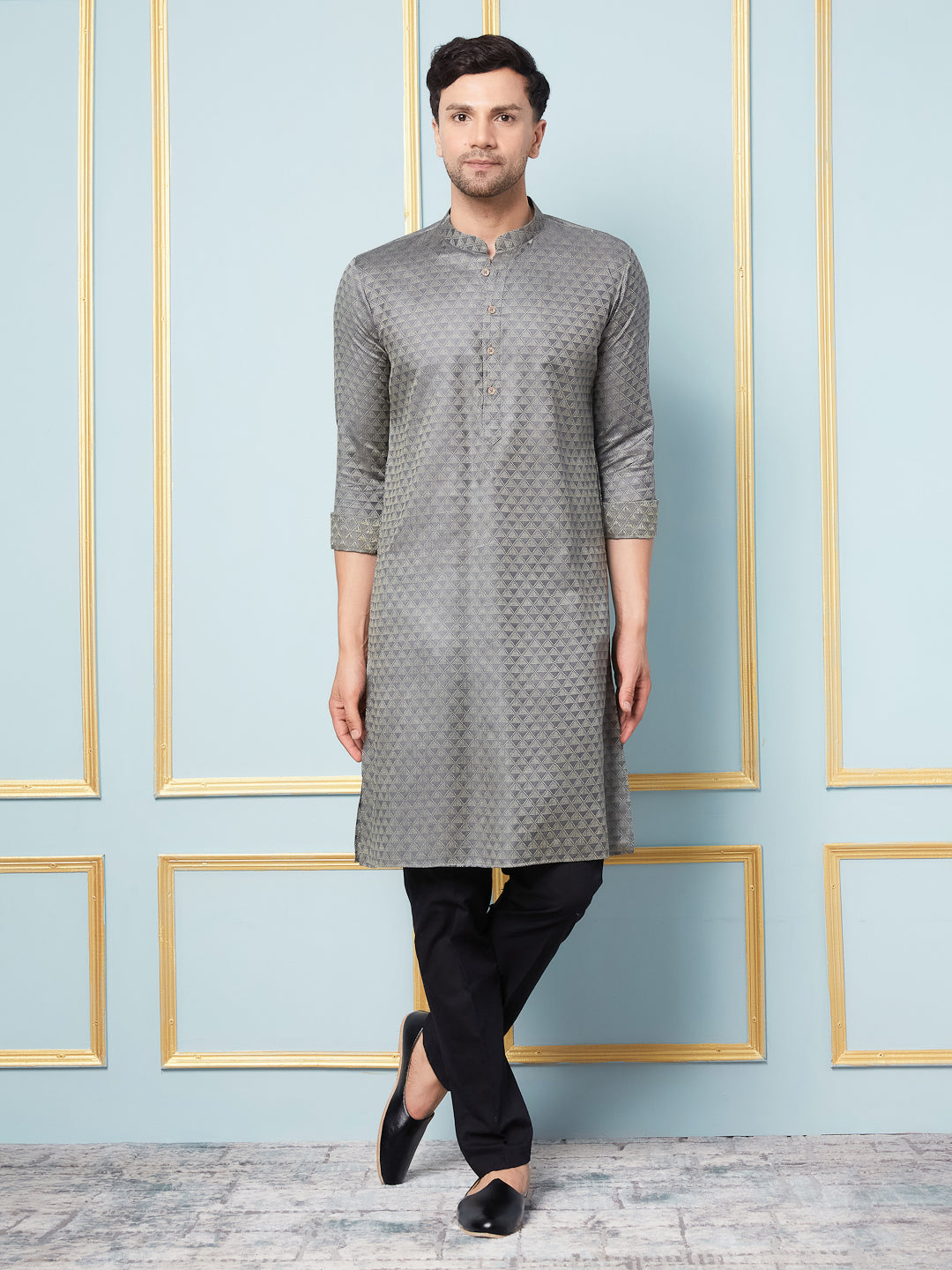 Men Charcoal & Gold Woven Design Thread Work Kurta With Pajama