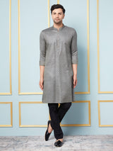 Men Charcoal & Gold Woven Design Thread Work Kurta With Pajama