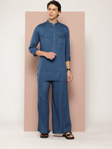 Men Teal Rayon Solid Pathani Sets