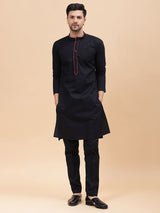 Men Black & Red Pure Cotton Embroidered Straight Kurta With pyjama
