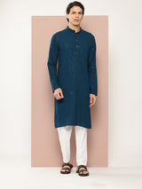 Men Teal Embroidered Sequin Rayon Kurta