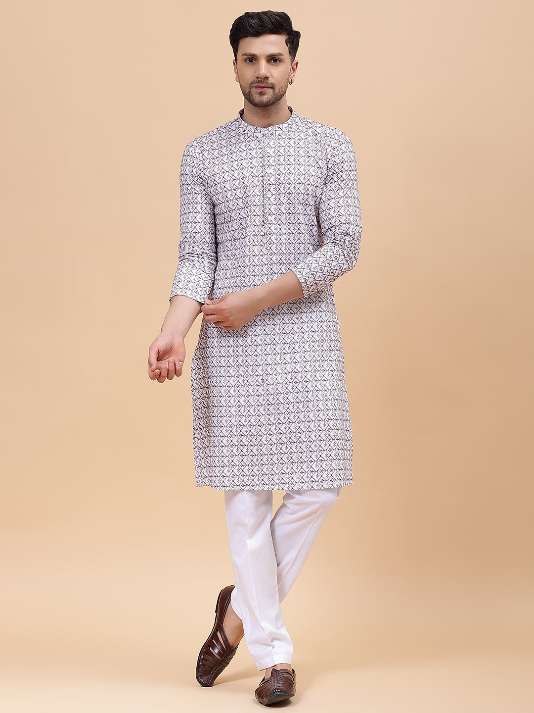 Men Off White & Brown Pure Cotton Embroidered Straight Kurta With pyjama