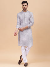 Men Off White & Brown Pure Cotton Embroidered Straight Kurta With pyjama