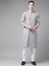 Riwaat.com Men Grey & Gold Printed Straight Kurta With Pajama Riwaat Printed