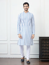 Men White with Vertical Blue Stripes Chikankari Embroidered Cotton Kurta Set