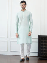 Riwaat.com Men Sea Green & Gold Thread Work Cotton Kurta Riwaat Embroidered Mehendi