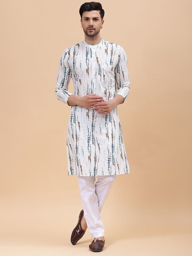 Men White & Blue Pure Cotton Printed Straight Kurta With pyjama