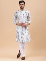 Men White & Blue Pure Cotton Printed Straight Kurta With pyjama