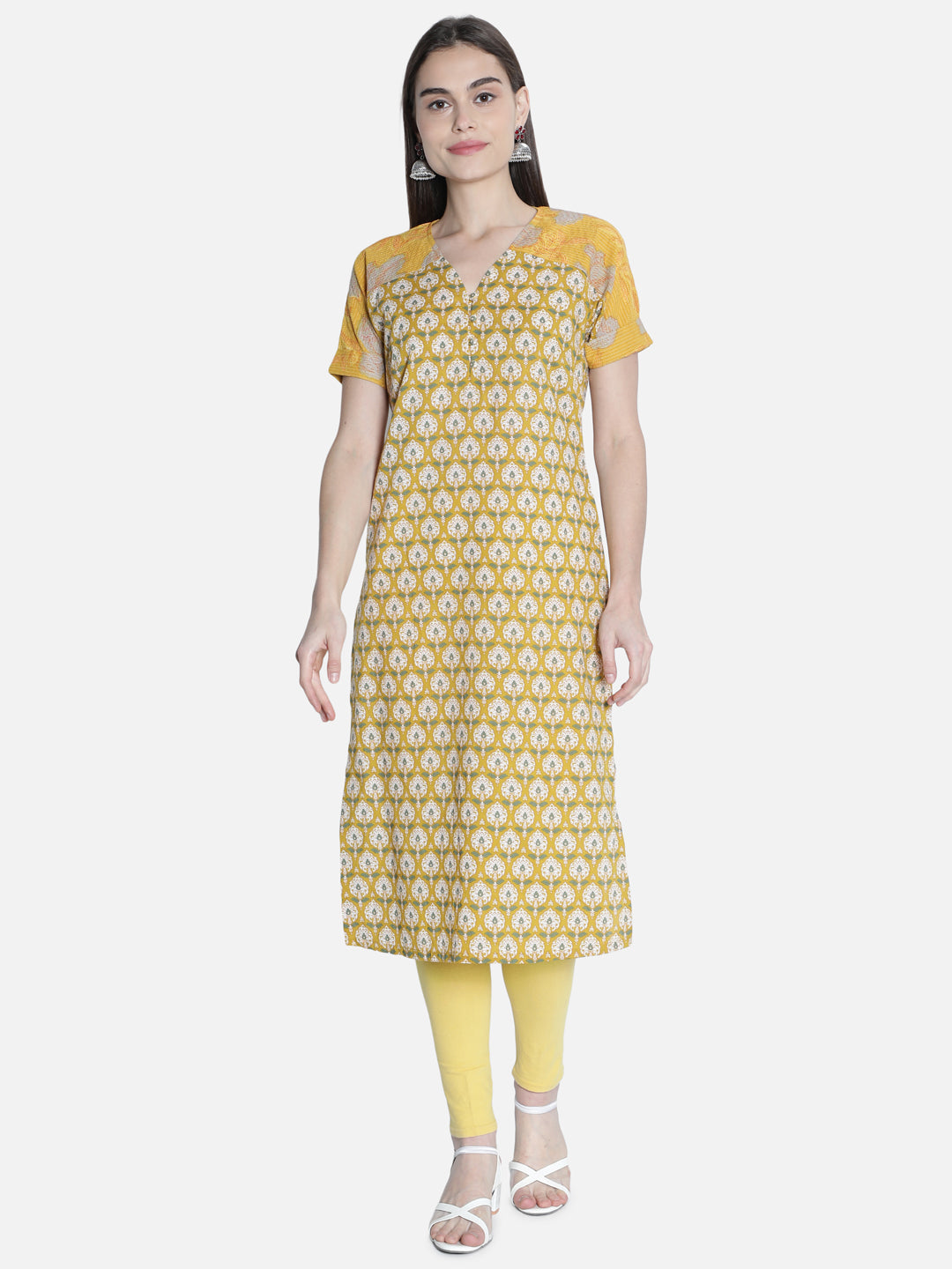 Women Mustard And Off White Printed Straight Cut Kurti