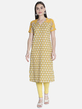 Women Mustard And Off White Printed Straight Cut Kurti