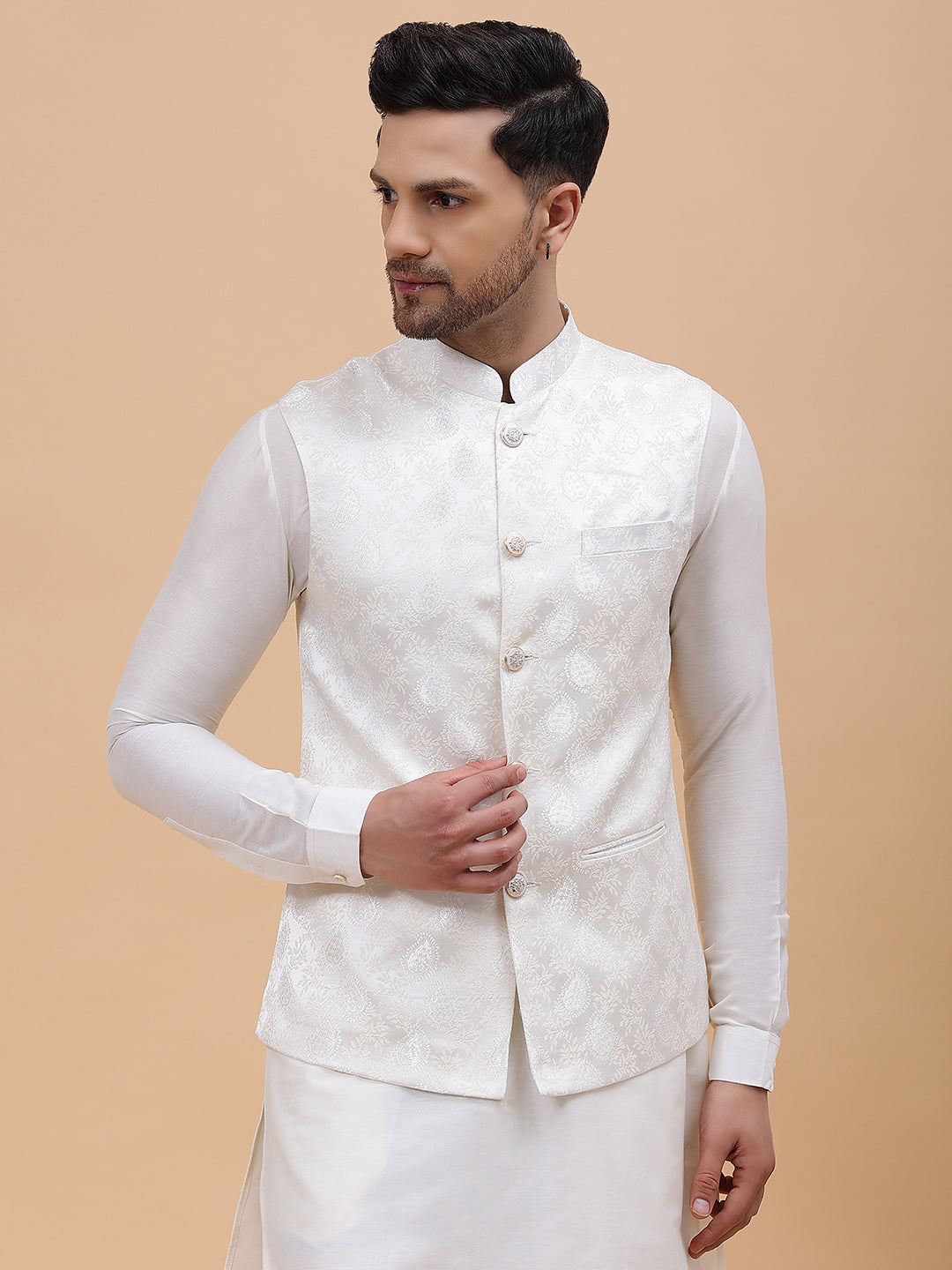 Men Off White & Gold Woven Design Jacquard Nehru Jacket